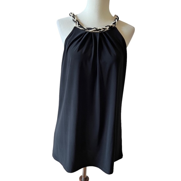 White House Black Market Tops - WHBM SLEEVELESS BLOUSE TOP PEARL BEAD NECKLINE BOW TIE BACK BLACK M NWT